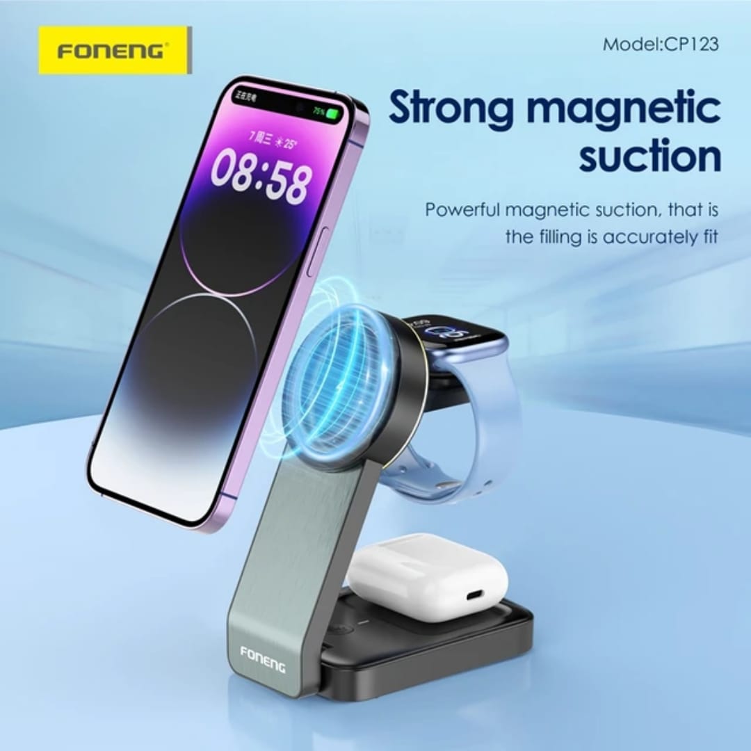 3-in-1 Foldable Magnetic Wireless Charging Stand 15W , supports charging of mobile phones/smartwatches/Bluetooth headsets and other devices Foldable and convenient design, portable storage does not take up space Strong magnetic suction, precise fit