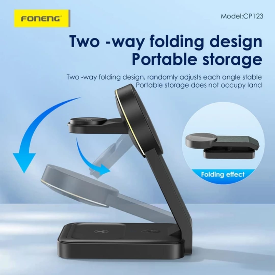 3-in-1 Foldable Magnetic Wireless Charging Stand 15W , supports charging of mobile phones/smartwatches/Bluetooth headsets and other devices Foldable and convenient design, portable storage does not take up space Strong magnetic suction, precise fit