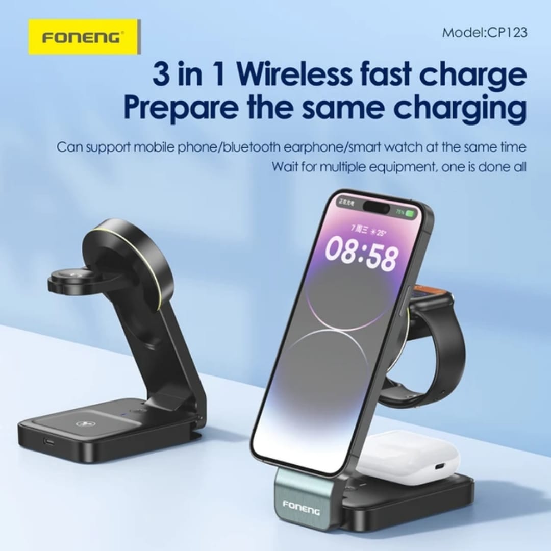 3-in-1 Foldable Magnetic Wireless Charging Stand 15W , supports charging of mobile phones/smartwatches/Bluetooth headsets and other devices Foldable and convenient design, portable storage does not take up space Strong magnetic suction, precise fit